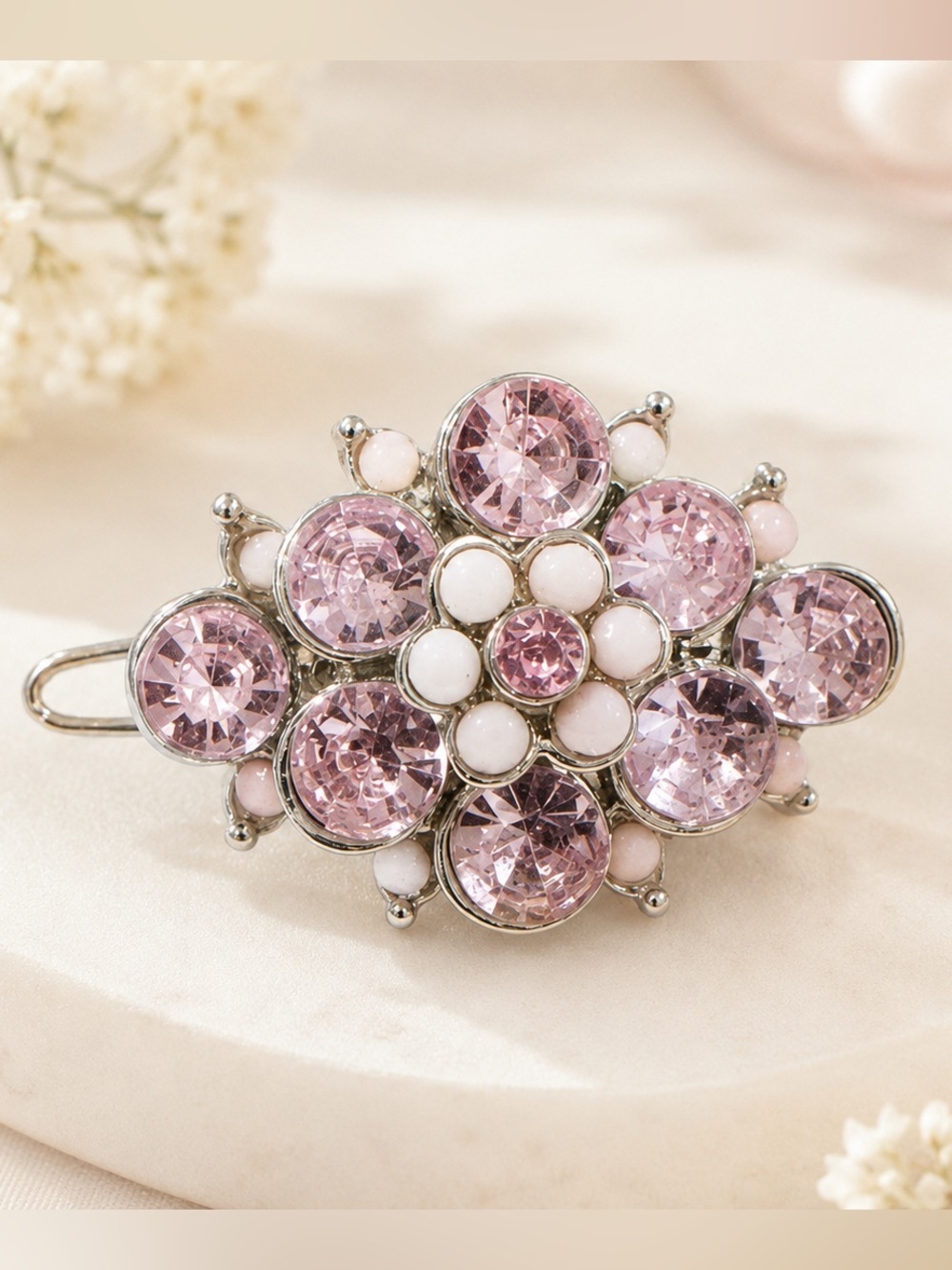 Pink Rhinestone Flower Hair Clip Barrette Silver Tone Vintage Style Sparkly